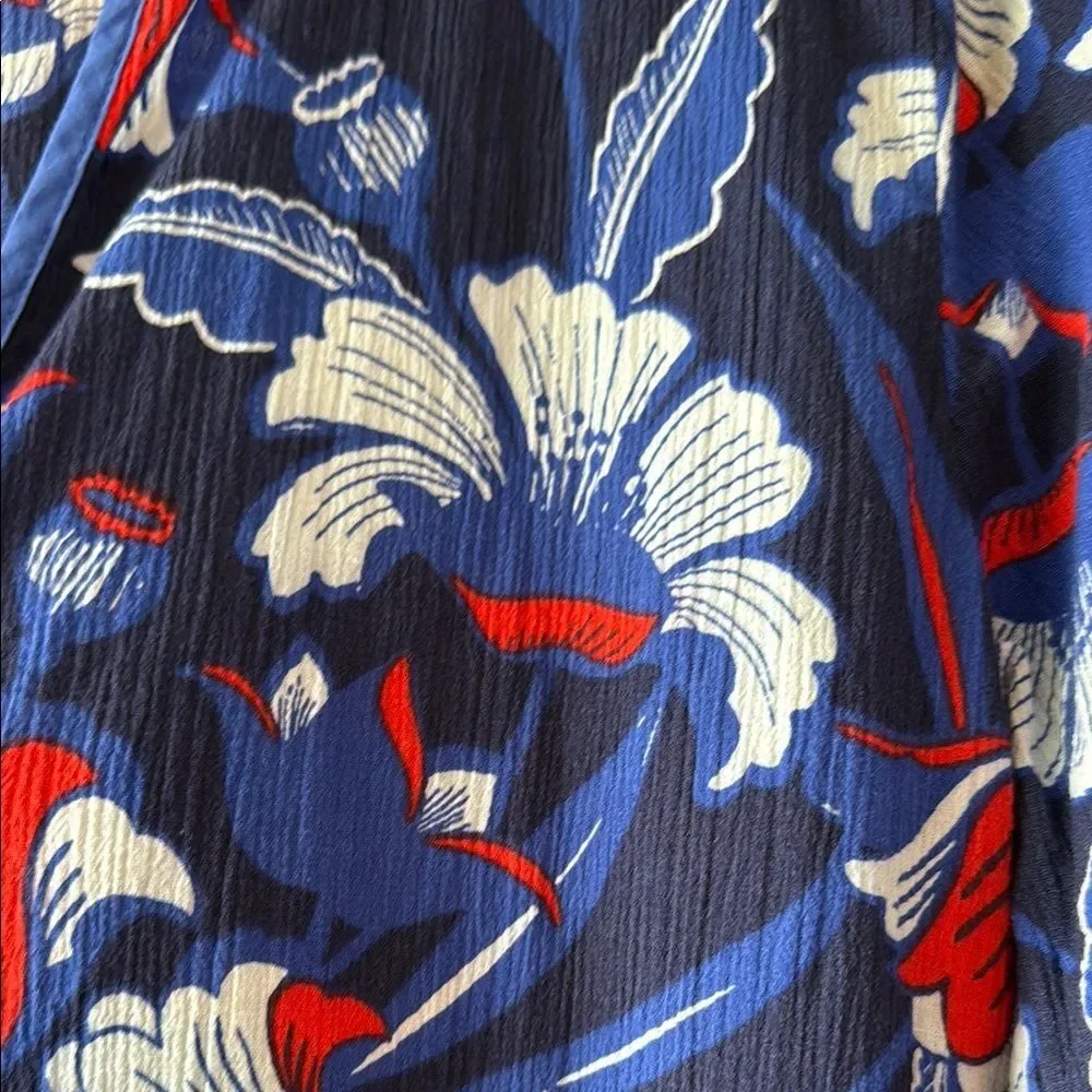 J. CREW Floral Tunic Gauzy Crinkle Cotton Split Neck Dress Blue Red White Small